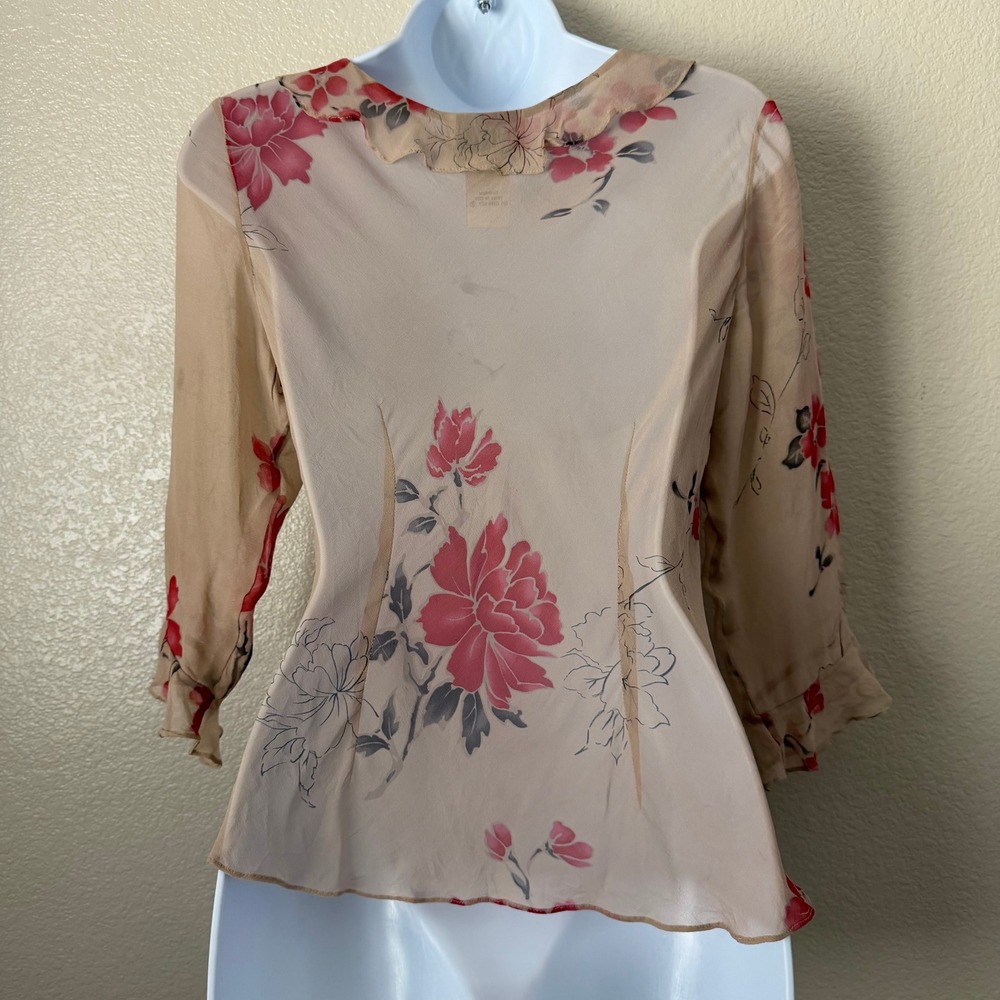 Y2K Euro Floral Beaded 100% Silk Ruffle Sheer Top Vision Apparel Tan Red Medium - Picture 7 of 11